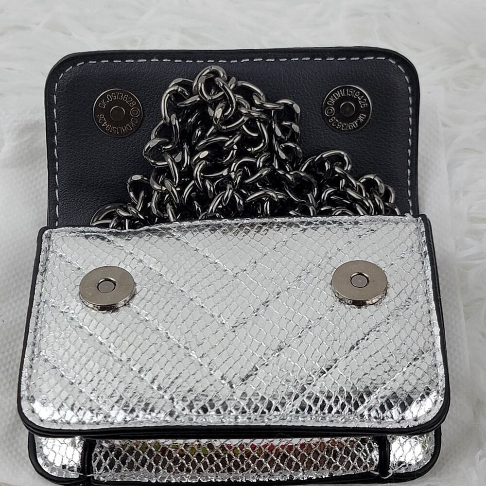 Designer Micro Mini Purse Metallic Sliver Quilt Crossbody 24" Chain Bag Eagle - Picture 8 of 11
